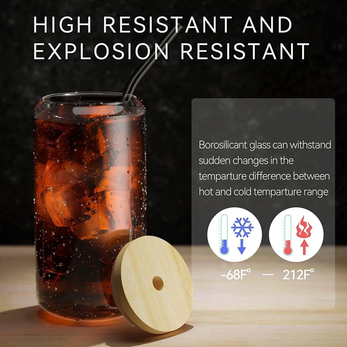18.6Oz 540ML Drinking Glasses Can Shaped Glass Cups with Bamboo Lids and Glass Straws for Beer Iced Coffee Wine Cocktail