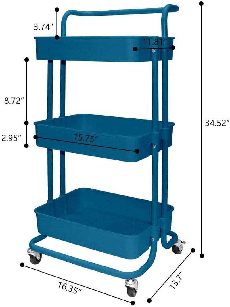 3-Tier Rolling Utility Cart Metal Organization Storage Cart Dark Blue Kitchen Trolley Service Cart with Lockable Wheels for Bathroom, Kitchen, Office