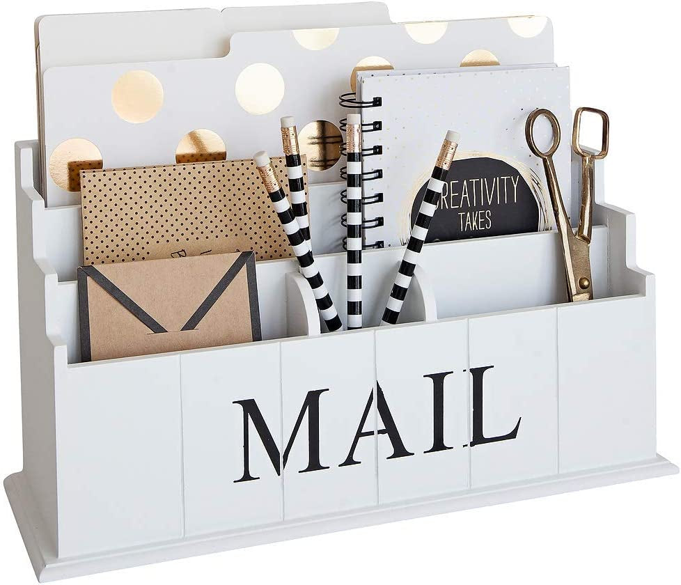 White Wooden Mail Organizer - 3 Tier White Desk Organizer - Rustic Country Mail Sorter - Kitchen Counter Organizer Mail Holder