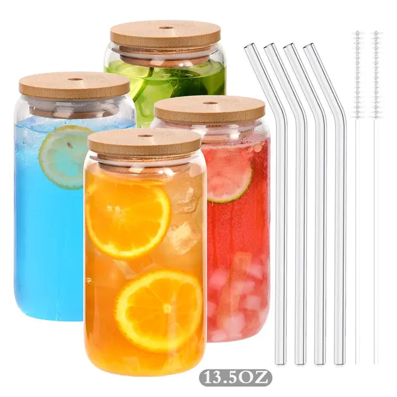 18.6Oz 540ML Drinking Glasses Can Shaped Glass Cups with Bamboo Lids and Glass Straws for Beer Iced Coffee Wine Cocktail
