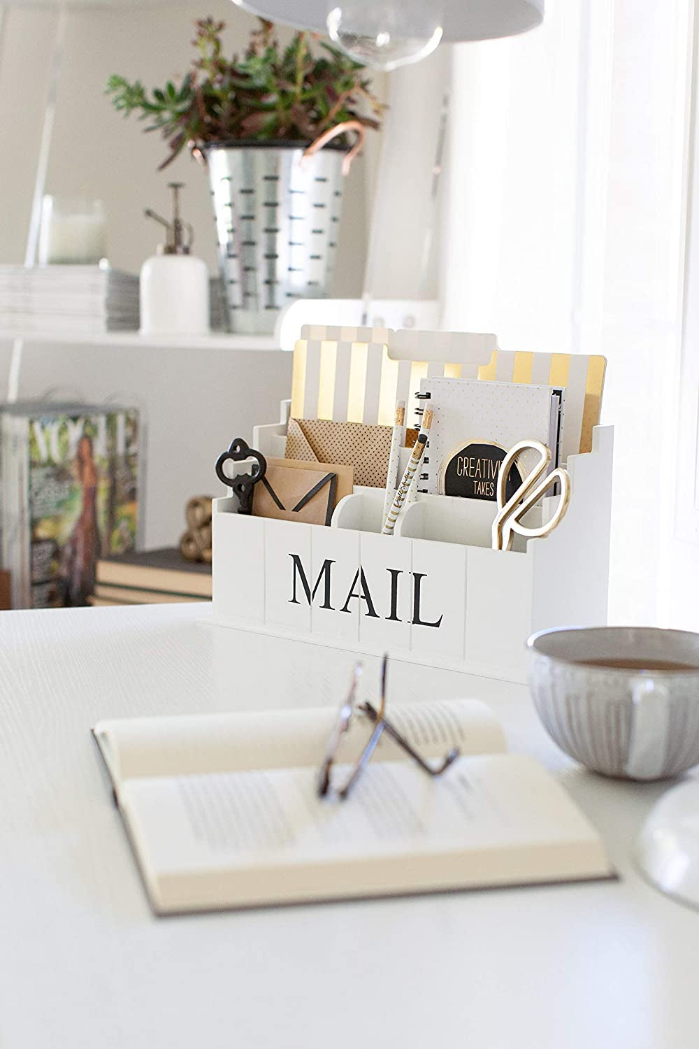 White Wooden Mail Organizer - 3 Tier White Desk Organizer - Rustic Country Mail Sorter - Kitchen Counter Organizer Mail Holder
