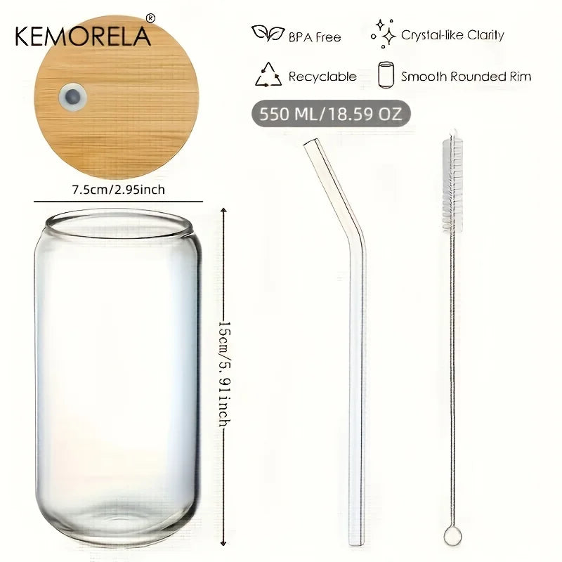18.6Oz 540ML Drinking Glasses Can Shaped Glass Cups with Bamboo Lids and Glass Straws for Beer Iced Coffee Wine Cocktail