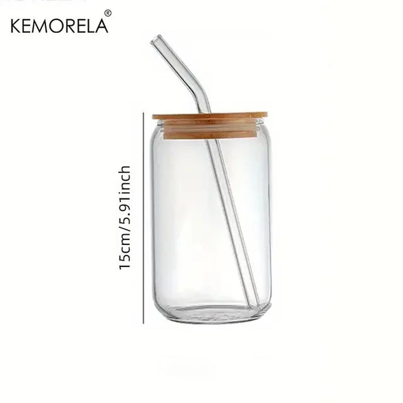 18.6Oz 540ML Drinking Glasses Can Shaped Glass Cups with Bamboo Lids and Glass Straws for Beer Iced Coffee Wine Cocktail