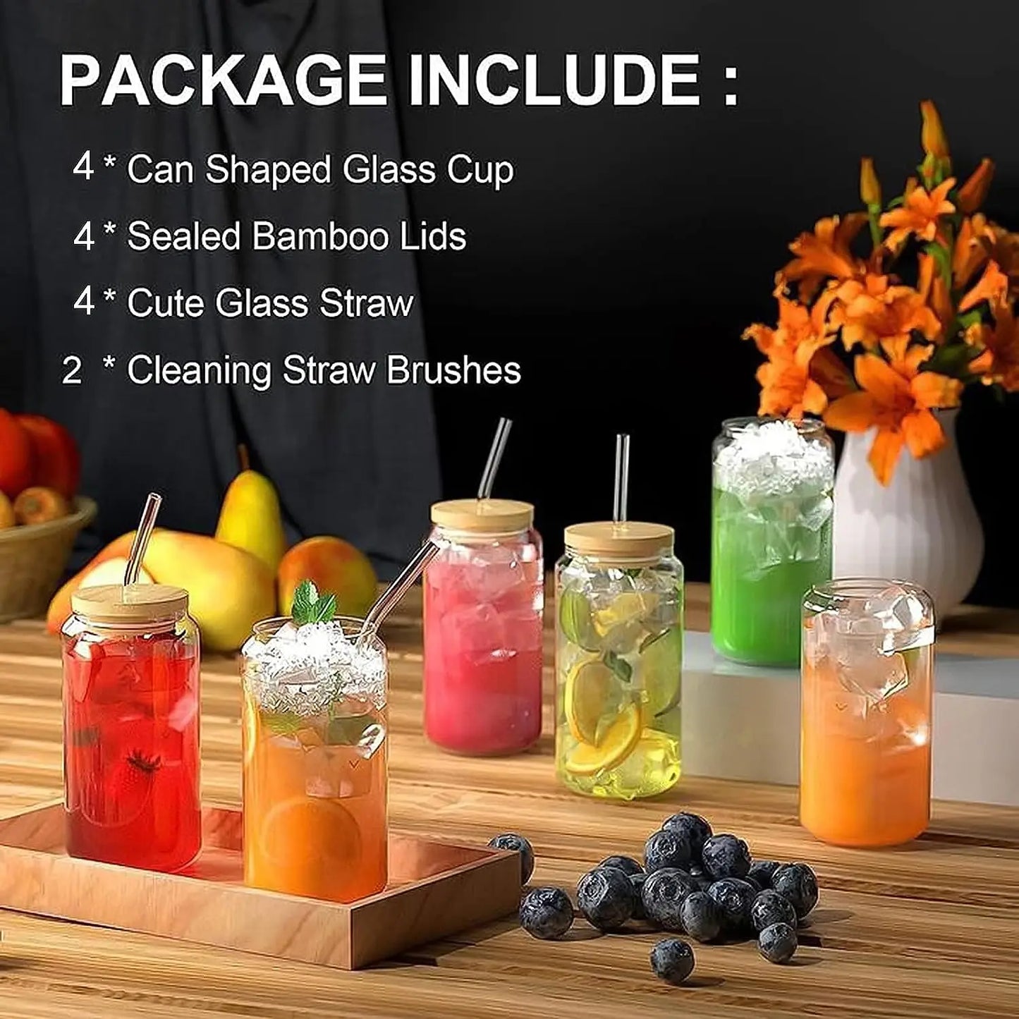 18.6Oz 540ML Drinking Glasses Can Shaped Glass Cups with Bamboo Lids and Glass Straws for Beer Iced Coffee Wine Cocktail