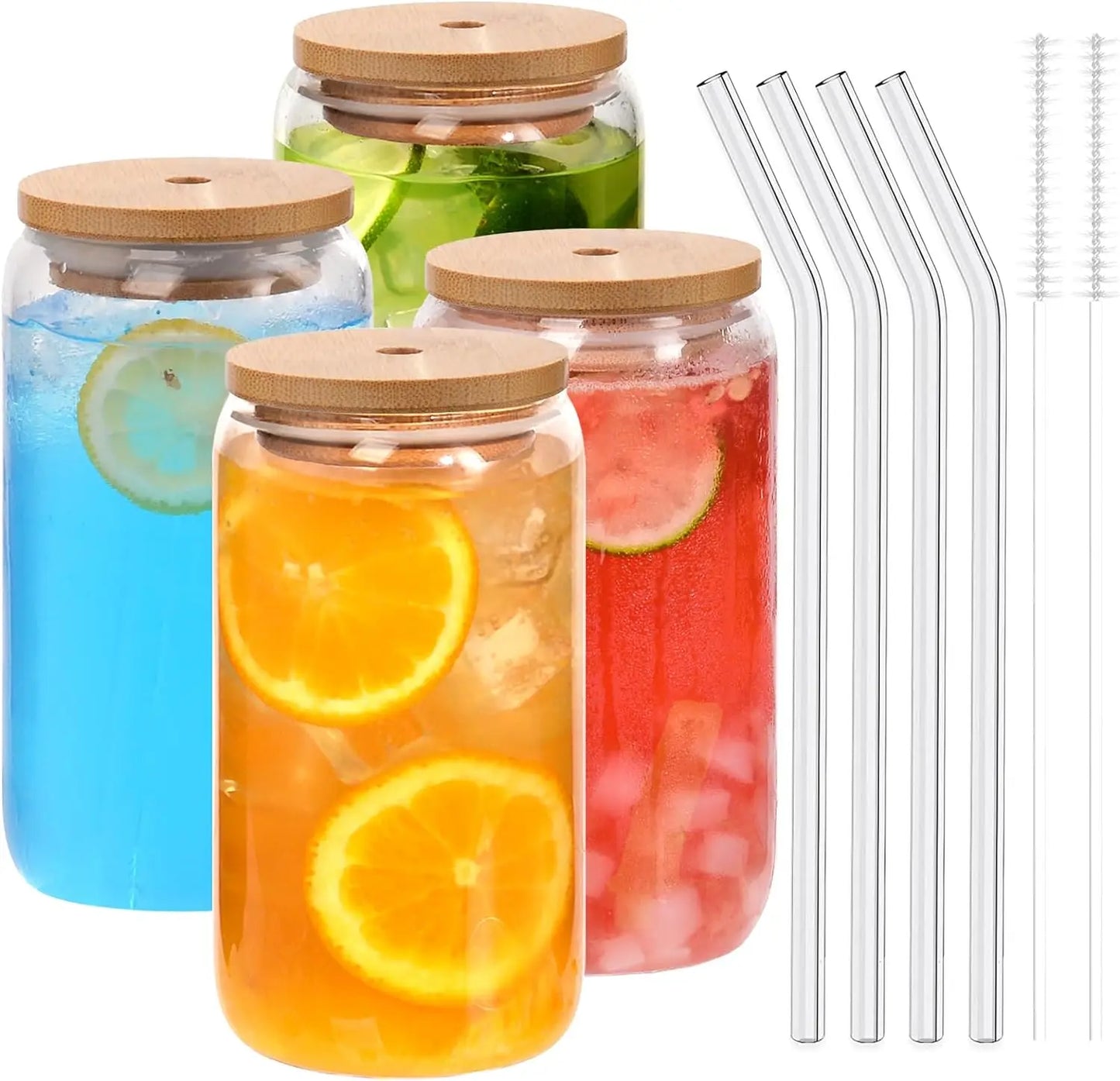 18.6Oz 540ML Drinking Glasses Can Shaped Glass Cups with Bamboo Lids and Glass Straws for Beer Iced Coffee Wine Cocktail