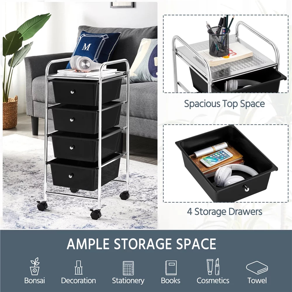 Rolling Trolley Storage Cart Bin with 4 Plastic Drawers on Wheels, Black