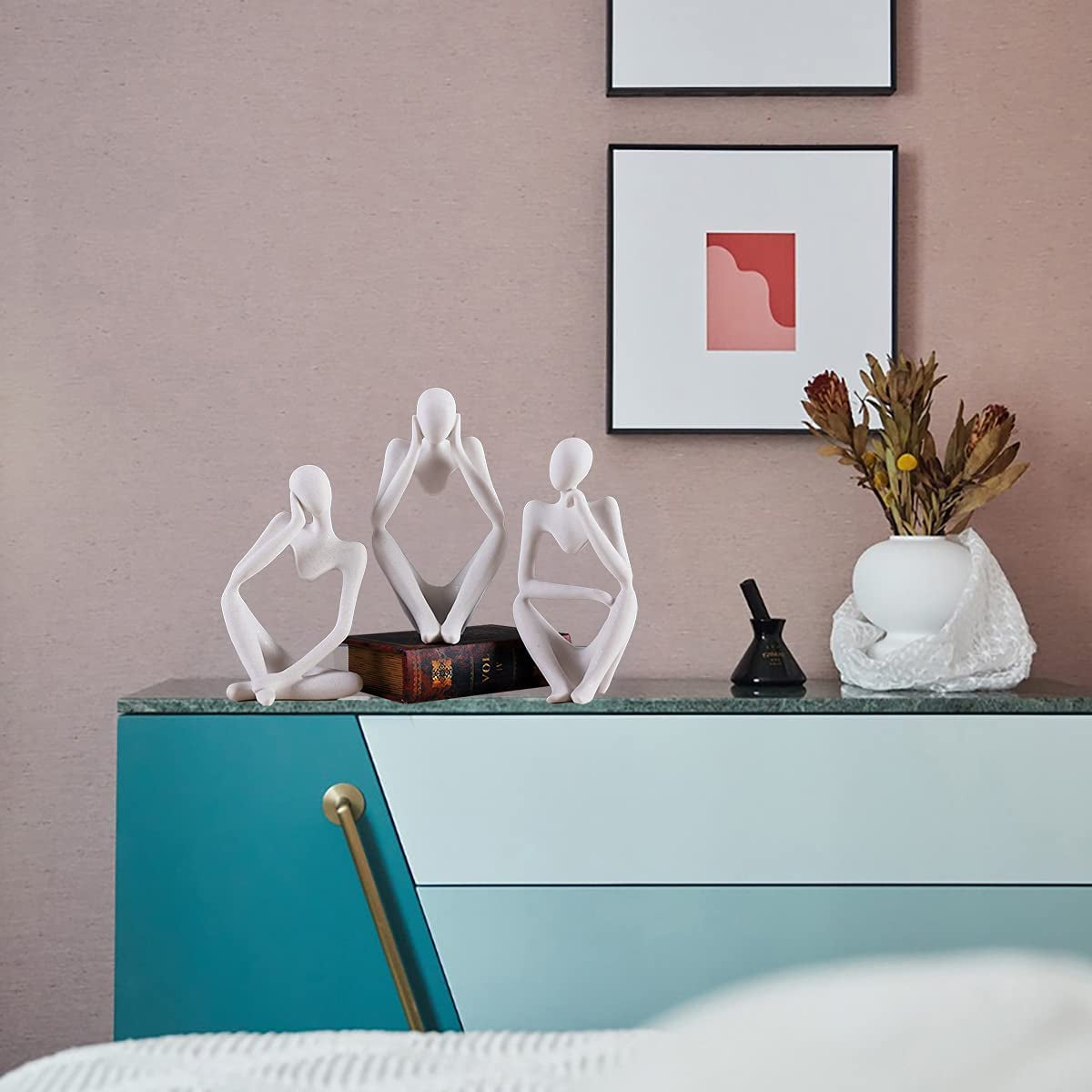 3 Piece the Thinker Statue Abstract Sculpture Bookshelf Decor White Resin Thinker Sculpture for Home Office Desk Desktop Living Room Decor Collection Cute Accent Figurine