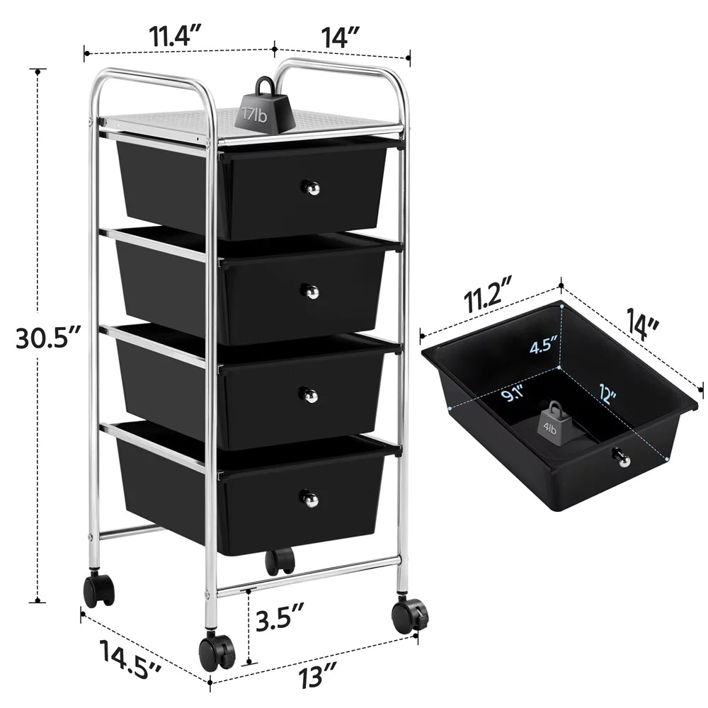 Rolling Trolley Storage Cart Bin with 4 Plastic Drawers on Wheels, Black