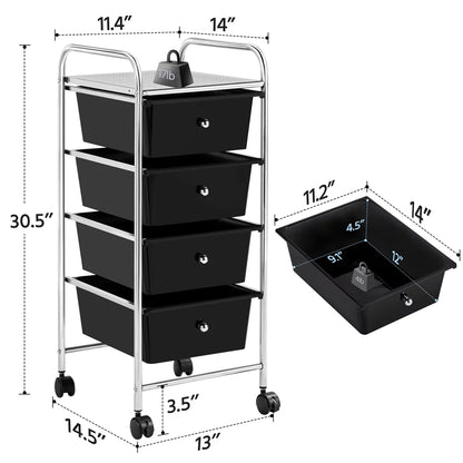 Rolling Trolley Storage Cart Bin with 4 Plastic Drawers on Wheels, Black