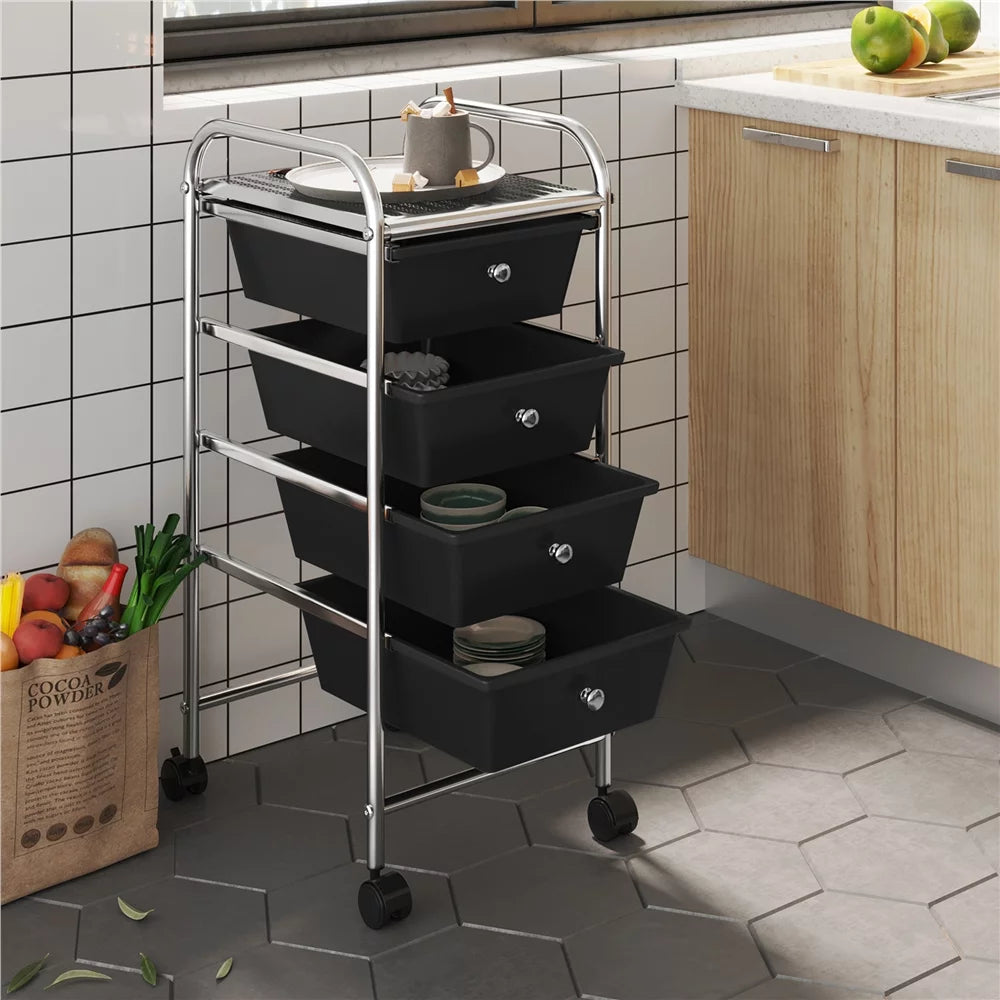 Rolling Trolley Storage Cart Bin with 4 Plastic Drawers on Wheels, Black