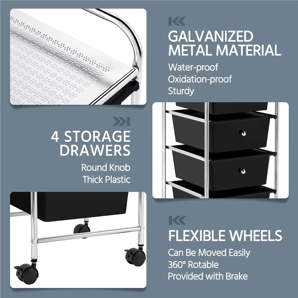 Rolling Trolley Storage Cart Bin with 4 Plastic Drawers on Wheels, Black