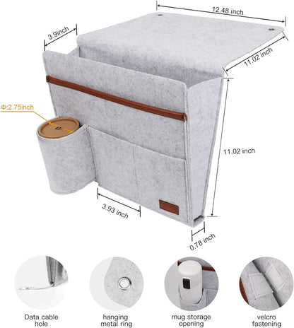 Bedside Caddy, Bedside Storage Caddy Sofa Armrest Organizer, Phone, Tablet, Remote Control Magazine Holder with 5 Pockets for Home Dorm Desk Light Grey