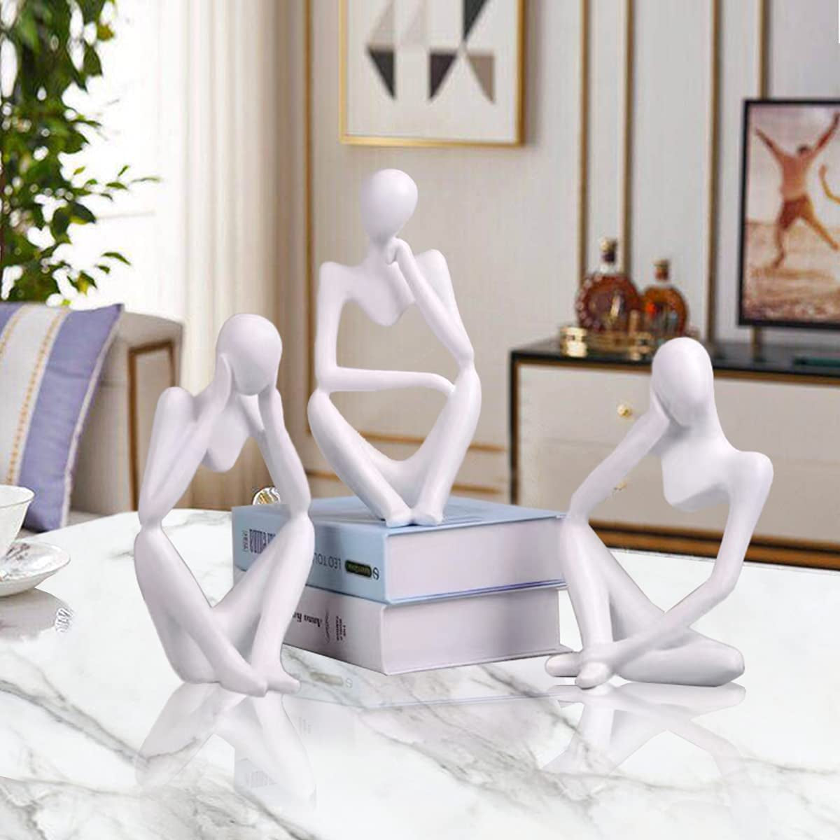 3 Piece the Thinker Statue Abstract Sculpture Bookshelf Decor White Resin Thinker Sculpture for Home Office Desk Desktop Living Room Decor Collection Cute Accent Figurine