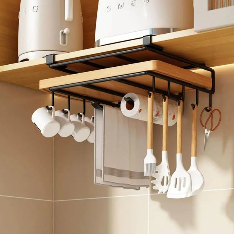 Multi-Use Kitchen Cabinet under Shelf Metal Cupboard Hanging Hooks Mug Cup Hanger Cutting Board Towel Tissue Storage Rack