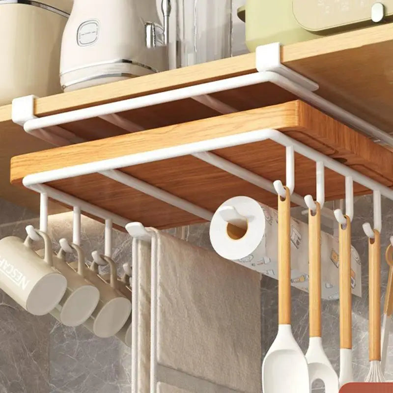 Multi-Use Kitchen Cabinet under Shelf Metal Cupboard Hanging Hooks Mug Cup Hanger Cutting Board Towel Tissue Storage Rack