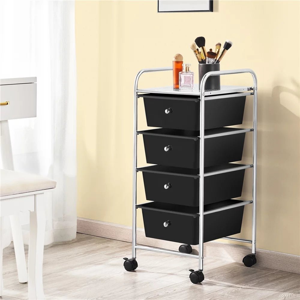 Rolling Trolley Storage Cart Bin with 4 Plastic Drawers on Wheels, Black