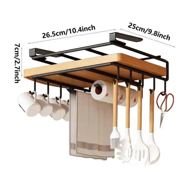 Multi-Use Kitchen Cabinet under Shelf Metal Cupboard Hanging Hooks Mug Cup Hanger Cutting Board Towel Tissue Storage Rack