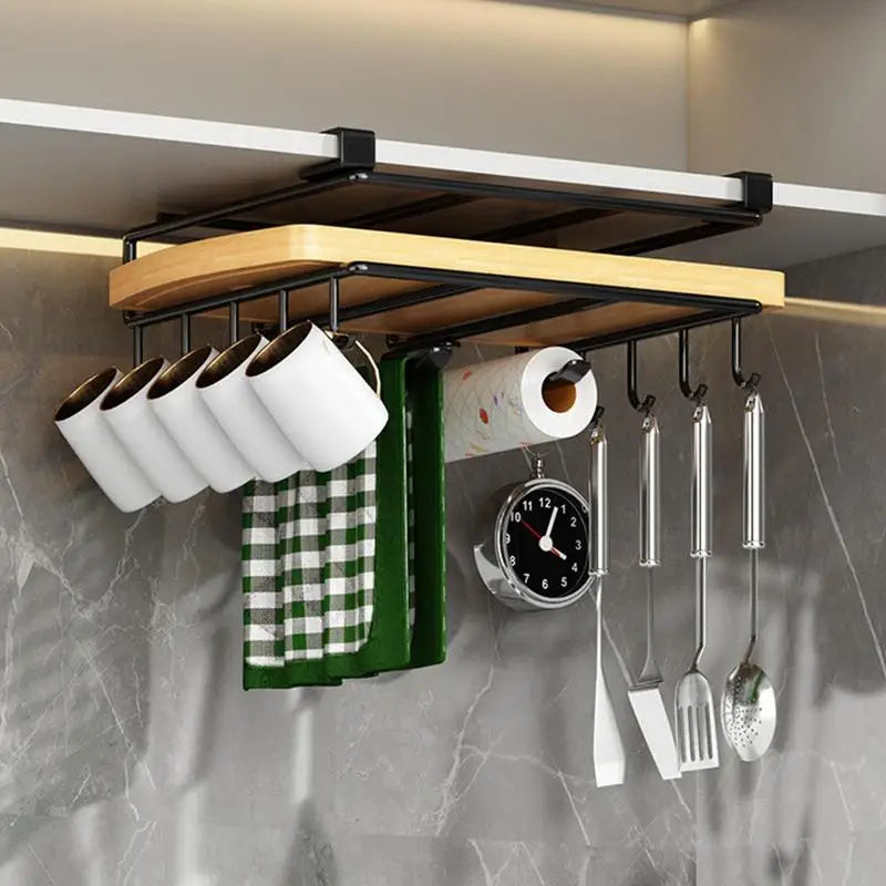 Multi-Use Kitchen Cabinet under Shelf Metal Cupboard Hanging Hooks Mug Cup Hanger Cutting Board Towel Tissue Storage Rack