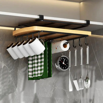 Multi-Use Kitchen Cabinet under Shelf Metal Cupboard Hanging Hooks Mug Cup Hanger Cutting Board Towel Tissue Storage Rack