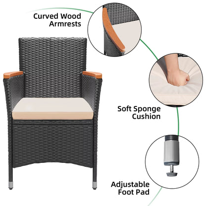 7 Pieces Outdoor Patio Dining Set with PE Rattan Wicker Dining Table and Chairs Acacia Wood Tabletop, Curved Wood Armrest Chairs with Cushions